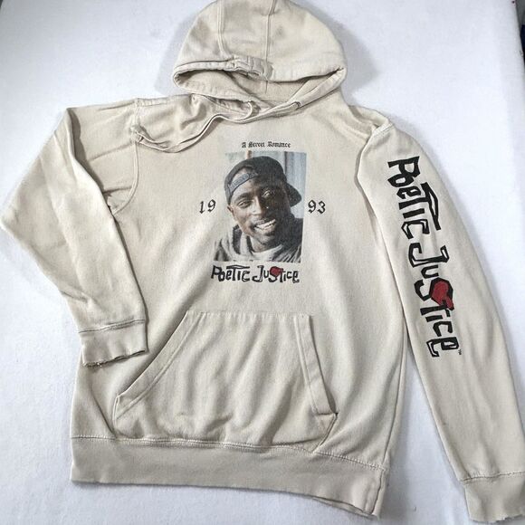 Thrashed Tupac Shakur Beige Hoodie Sweatshirt Poetic Justice Distressed - Picture 1 of 11